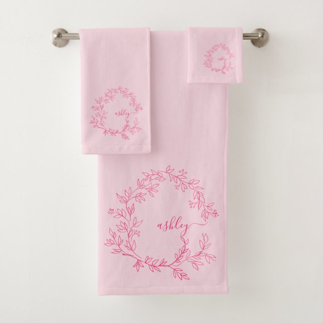 Hot Pink Modern Script Girly Monogram Name Bath Towel Set (Insitu)