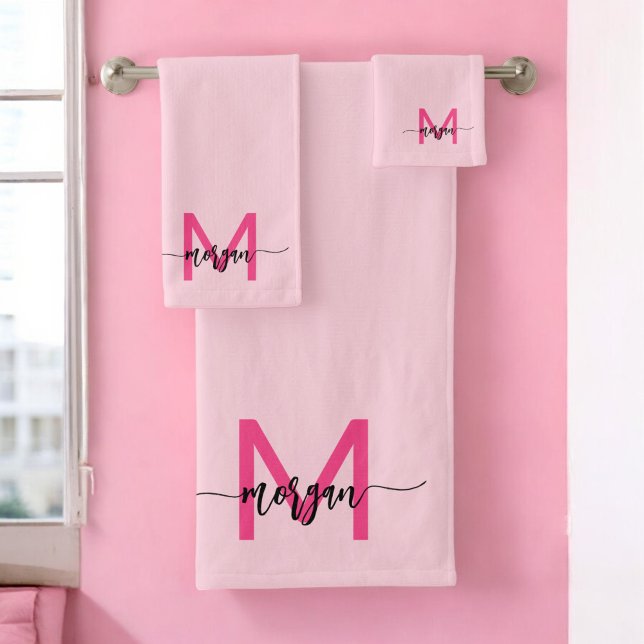 Hot Pink Modern Script Girly Monogram Name Bath Towel Set (Creator Uploaded)