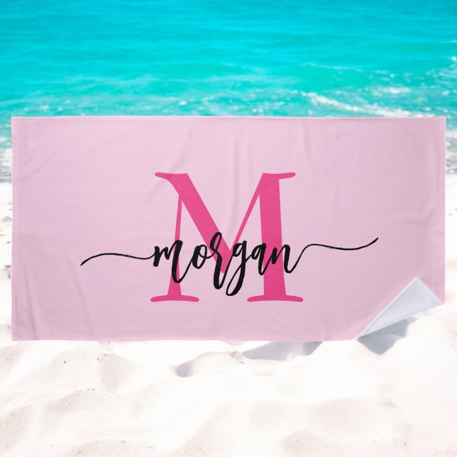 Hot Pink Modern Script Girly Monogram Name Beach Towel (Creator Uploaded)