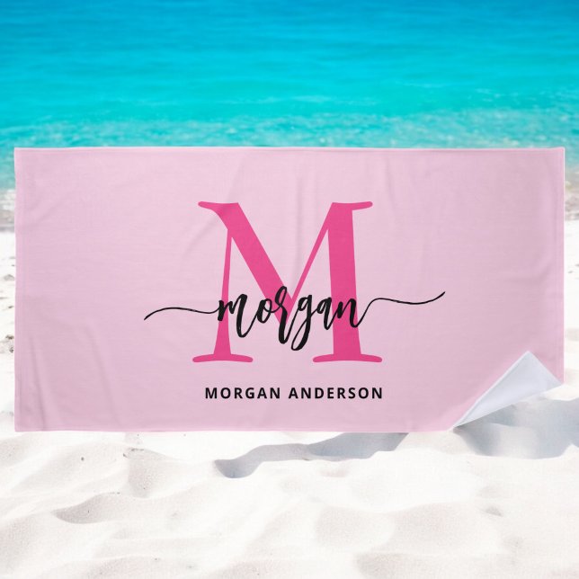 Hot Pink Modern Script Girly Monogram Name Beach Towel (Creator Uploaded)