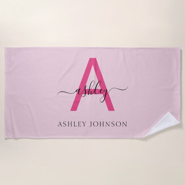 Hot Pink Modern Script Girly Monogram Name Beach Towel (Front)