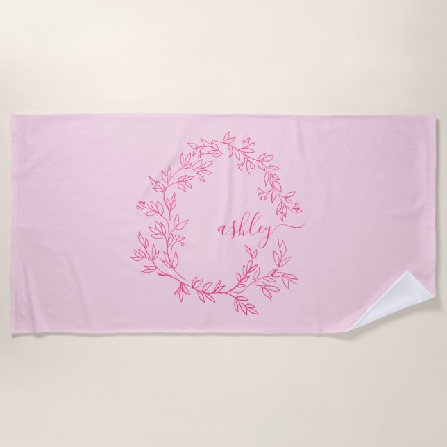 Hot Pink Modern Script Girly Monogram Name Beach Towel (Front)