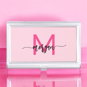 Hot Pink Modern Script Girly Monogram Name Business Card Holder