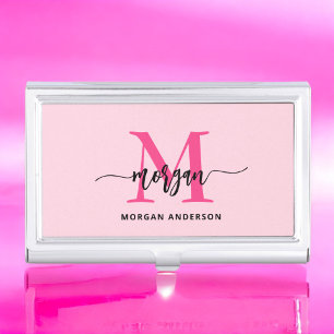 Hot Pink Modern Script Girly Monogram Name Business Card Holder
