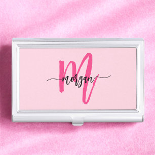 Hot Pink Modern Script Girly Monogram Name Business Card Holder