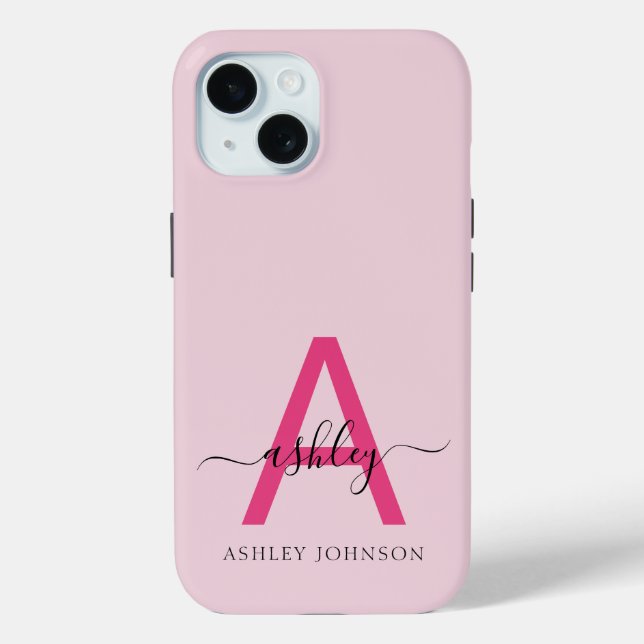 Hot Pink Modern Script Girly Monogram Name Case-Mate iPhone Case (Back)