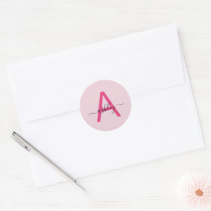 Hot Pink Modern Script Girly Monogram Name Classic Round Sticker