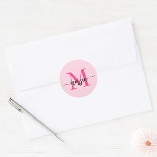 Hot Pink Modern Script Girly Monogram Name Classic Round Sticker