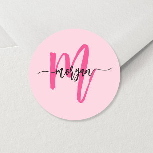 Hot Pink Modern Script Girly Monogram Name Classic Round Sticker