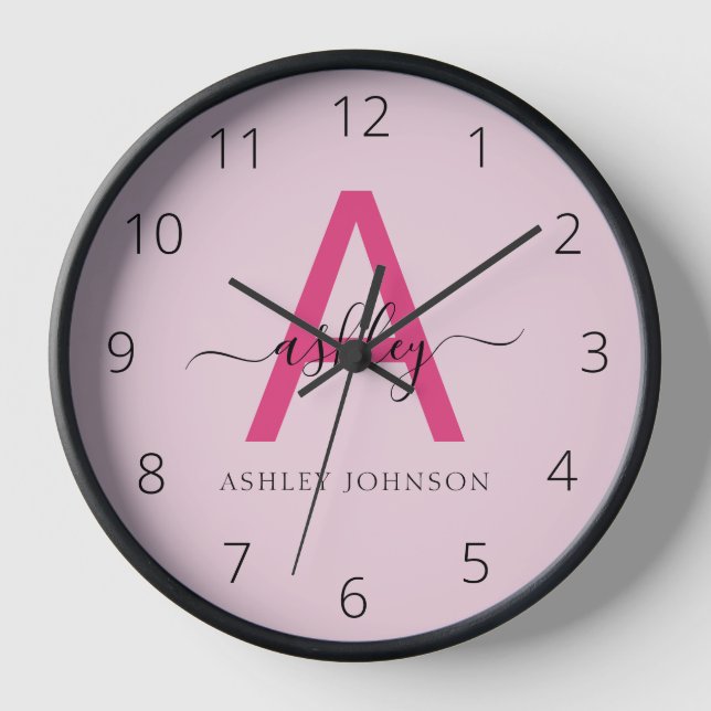 Hot Pink Modern Script Girly Monogram Name Clock (Front)