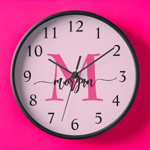 Hot Pink Modern Script Girly Monogram Name  Clock