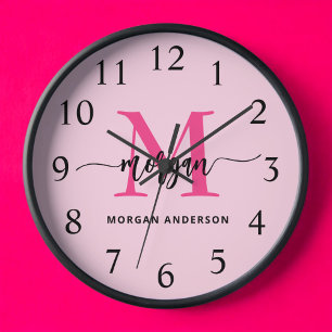 Hot Pink Modern Script Girly Monogram Name  Clock