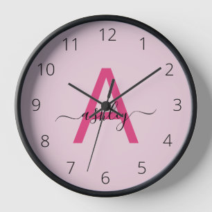 Hot Pink Modern Script Girly Monogram Name Clock