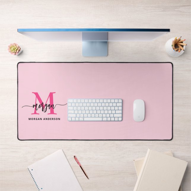 Hot Pink Modern Script Girly Monogram Name Desk Mat (Office 1)