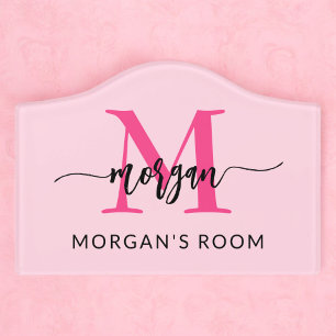 Hot Pink Modern Script Girly Monogram Name Door Sign