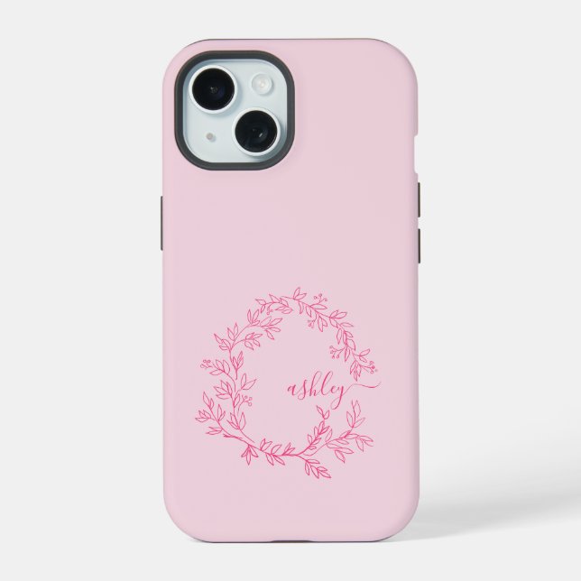 Hot Pink Modern Script Girly Monogram Name iPhone 15 Case (Back)