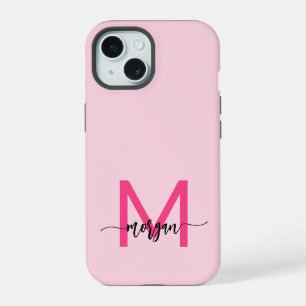 Hot Pink Modern Script Girly Monogram Name iPhone 15 Case