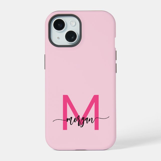 Hot Pink Modern Script Girly Monogram Name iPhone 15 Case (Back)