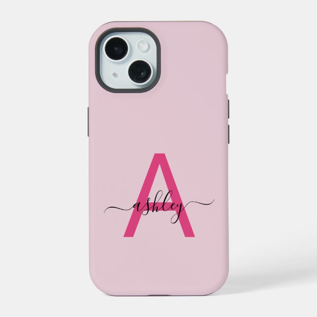 Hot Pink Modern Script Girly Monogram Name iPhone 15 Case (Back)