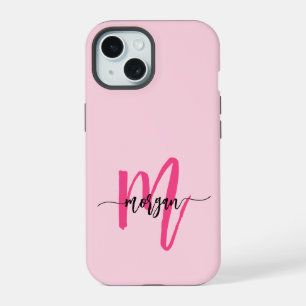 Hot Pink Modern Script Girly Monogram Name iPhone 15 Case