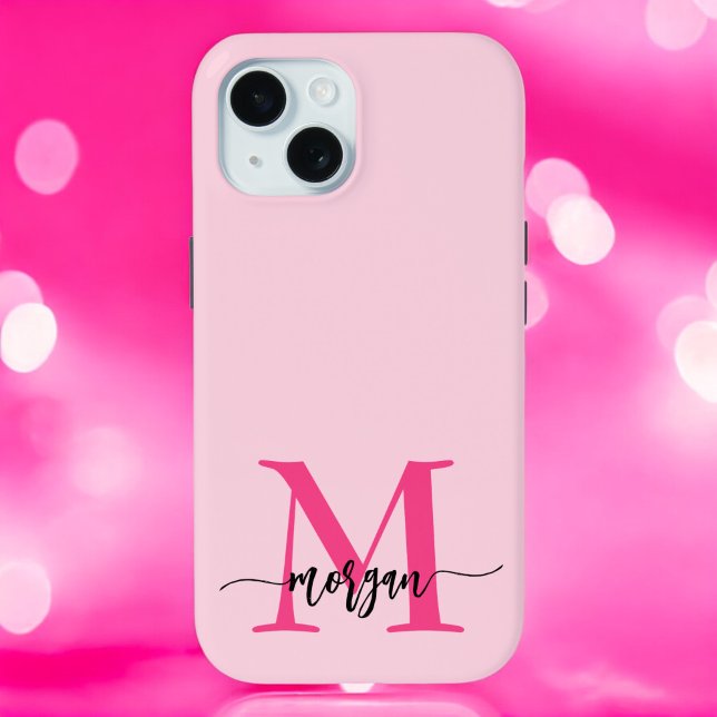 Hot Pink Modern Script Girly Monogram Name iPhone 15 Case (Creator Uploaded)