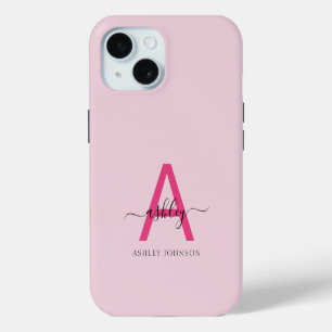 Hot Pink Modern Script Girly Monogram Name iPhone 15 Case