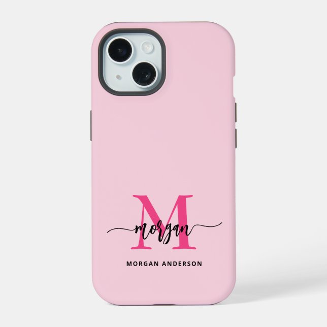 Hot Pink Modern Script Girly Monogram Name iPhone 15 Case (Back)