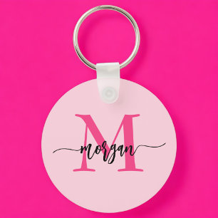 Hot Pink Modern Script Girly Monogram Name Key Ring