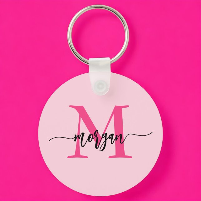 Hot Pink Modern Script Girly Monogram Name Key Ring (Creator Uploaded)