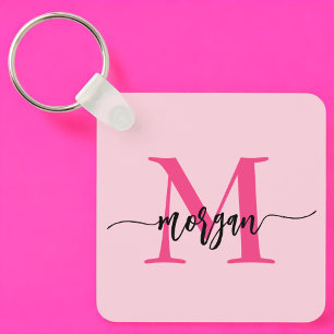 Hot Pink Modern Script Girly Monogram Name Key Ring
