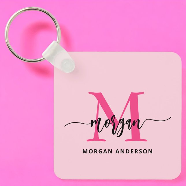 Hot Pink Modern Script Girly Monogram Name Key Ring (Creator Uploaded)