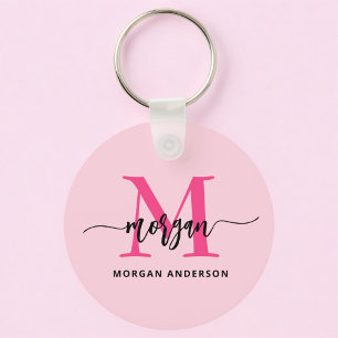 Hot Pink Modern Script Girly Monogram Name Key Ring