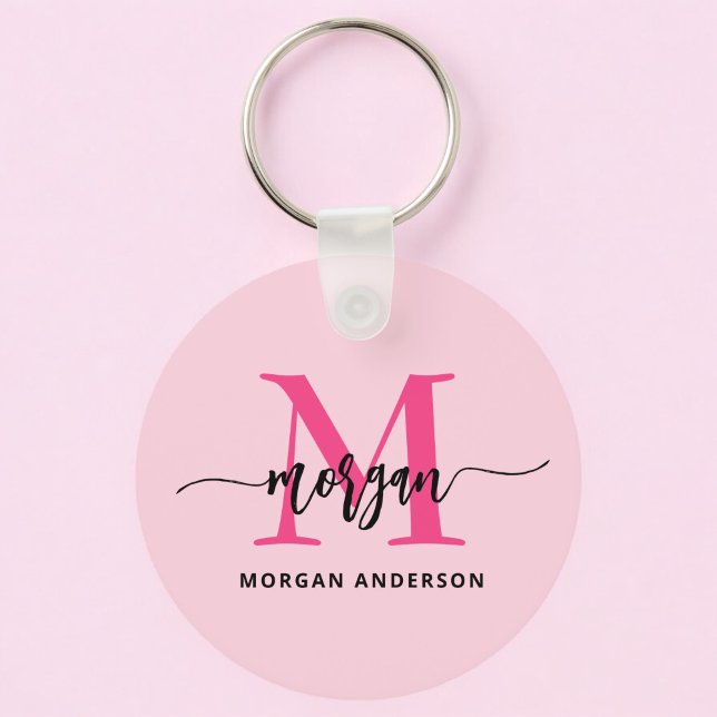 Hot Pink Modern Script Girly Monogram Name Key Ring (Creator Uploaded)