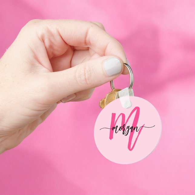 Hot Pink Modern Script Girly Monogram Name Key Ring (Creator Uploaded)