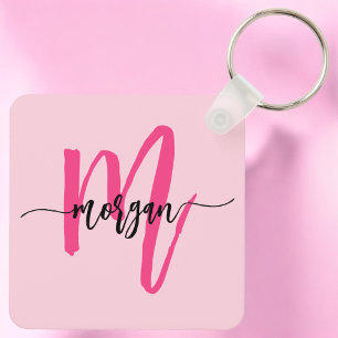 Hot Pink Modern Script Girly Monogram Name Key Ring