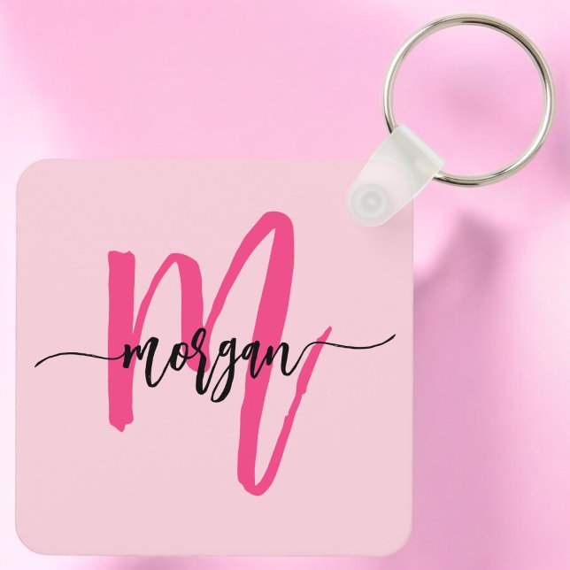 Hot Pink Modern Script Girly Monogram Name Key Ring (Creator Uploaded)