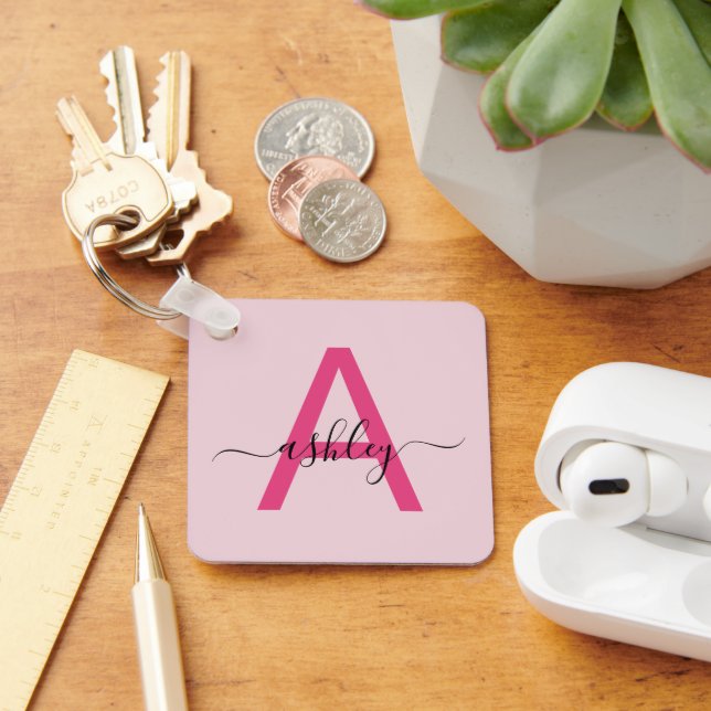 Hot Pink Modern Script Girly Monogram Name Key Ring (Desk)