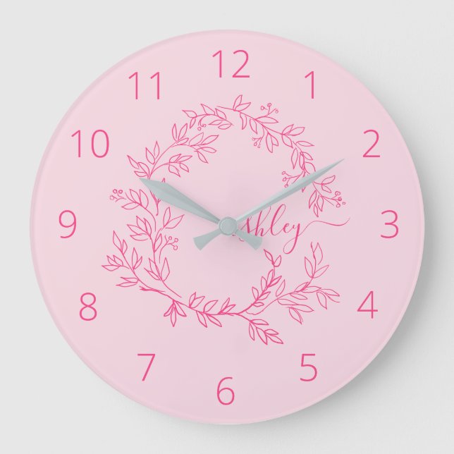 Hot Pink Modern Script Girly Monogram Name Large Clock (Front)