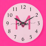 Hot Pink Modern Script Girly Monogram Name  Large Clock<br><div class="desc">Make a bold statement in your space with our Hot Pink Modern Script Girly Monogram Name Large Clock! Featuring a vibrant hot pink design and personalised with your name in an elegant modern script, this clock adds a stylish and personal touch to any room. Perfect for bedrooms, offices, or living...</div>