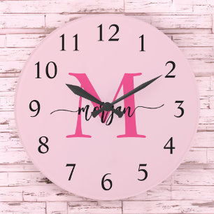 Hot Pink Modern Script Girly Monogram Name  Large Clock