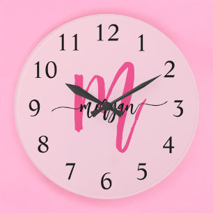Hot Pink Modern Script Girly Monogram Name Large Clock