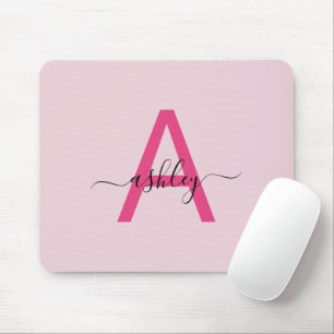 Hot Pink Modern Script Girly Monogram Name Mouse Mat