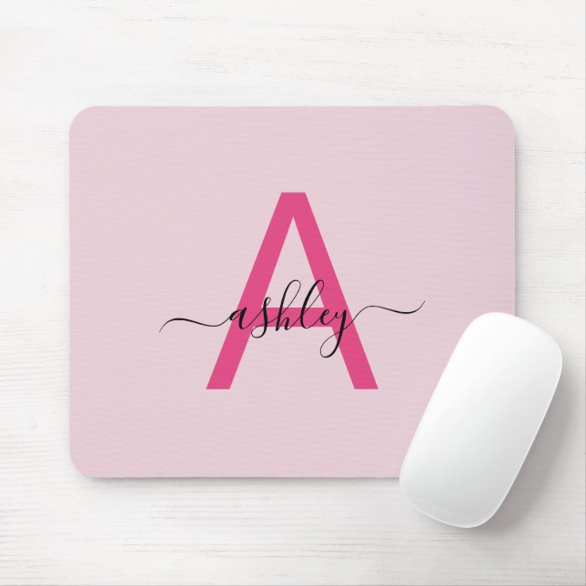 Hot Pink Modern Script Girly Monogram Name Mouse Mat (With Mouse)