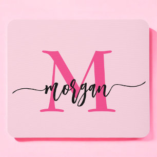 Hot Pink Modern Script Girly Monogram Name Mouse Mat