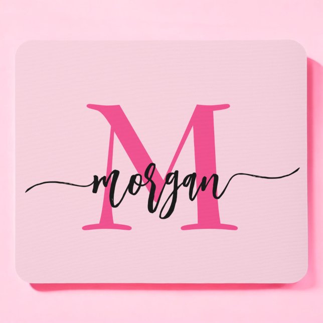 Hot Pink Modern Script Girly Monogram Name Mouse Mat (Creator Uploaded)