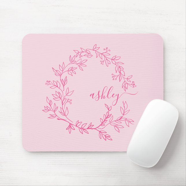 Hot Pink Modern Script Girly Monogram Name Mouse Mat (With Mouse)