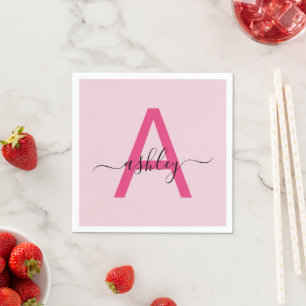Hot Pink Modern Script Girly Monogram Name Napkin