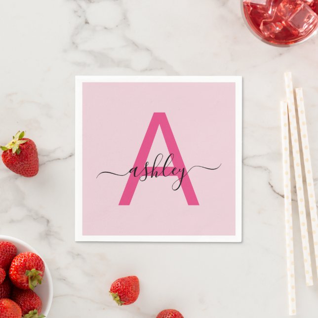 Hot Pink Modern Script Girly Monogram Name Napkin (Insitu)