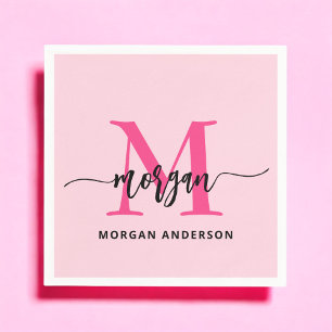 Hot Pink Modern Script Girly Monogram Name Napkin