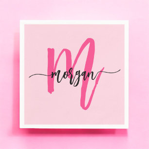 Hot Pink Modern Script Girly Monogram Name Napkin